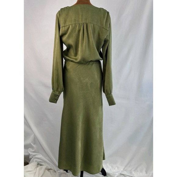 Socialite Midi Dress Women Medium Olive Green Excellent Satin V-Neck Long Sleeve - Picture 2 of 7